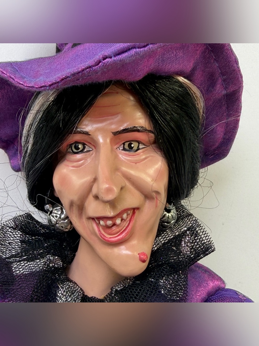 21” Halloween Witch Shelf Sitter Doll Purple Dress Crystal Ball Resin Face